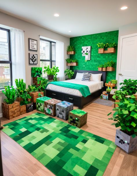 53 Minecraft Bedroom Ideas: Transform Your Room Into A Pixelated Adventure Girly Minecraft Bedroom, Minecraft Theme Bedroom, Minecraft Bedroom Builds, Minecraft Decorations Bedroom, Minecraft Bedroom Ideas Real Life, Minecraft Kids Room Ideas, Minecraft Theme Room, Minecraft Room Ideas Bedrooms, Boys Green Bedroom Ideas