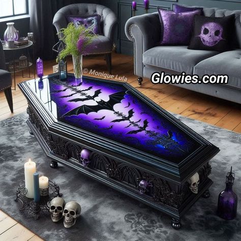 Gothic Coffee Table Decor, Coffin Shaped Furniture, Coffin Table, Ouija Coffee Table, Purple Goth Furniture, Coffin Coffee Tables, Spooky Home Decor, Gothic Furniture, Decor Trends