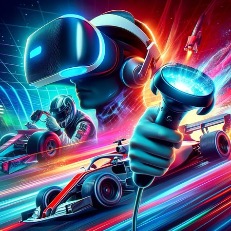 cover image for the article on the best VR racing games. This dynamic and immersive visual captures the essence of VR racing, blending the excitement of virtual reality with the thrill of high-speed racing. Vr Design Concept Art, Vr Game Design, Vr Arcade, Vr Gaming, Boxes Design, Vr Headset Concept, Oculus Quest 2, Vr Art Virtual Reality, Oculus Quest