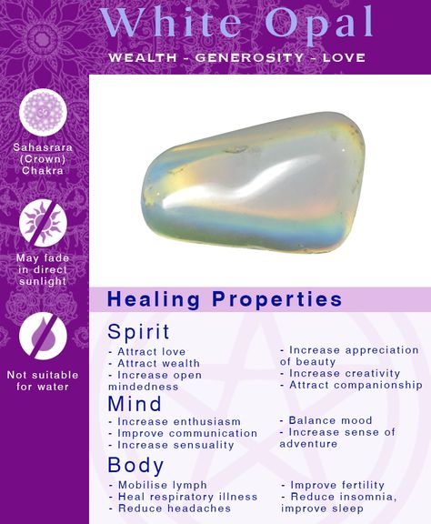 White Opal Healing Properties – Blue Moon Pup Opal Healing Properties, Opal Properties, Crystals Healing Grids, Symbol Of Wealth, Sea Opal, Improve Fertility, The Virtues, Increase Creativity, Respiratory Illness