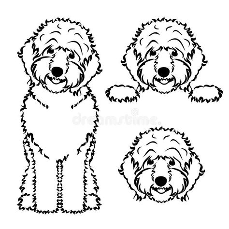 Goldendoodle logo design bundle. Three black and white doodle dog logo bundle, peeking, sitting, face vector illustration Golden Doodle Applique, Golden Doodle Silhouette, Golden Doodle Clipart, Goldendoodle Tattoo Outline, Goldendoodle Embroidery, Goldendoodle Outline, Goldendoodle Sketch, Doodle Dog Drawing, Golden Doodle Painting