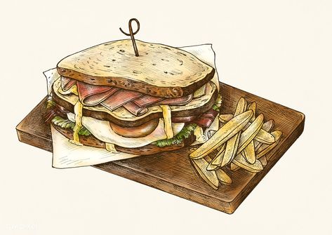 Hand-drawn club sandwich with fries | free image by rawpixel.com Sandwich With Fries, Sandwich Drawing, Sandwich Club, Cook Illustration, Icon Background, Food Sketch, Food Cartoon, Free Illustration Images, Chalkboard Ideas