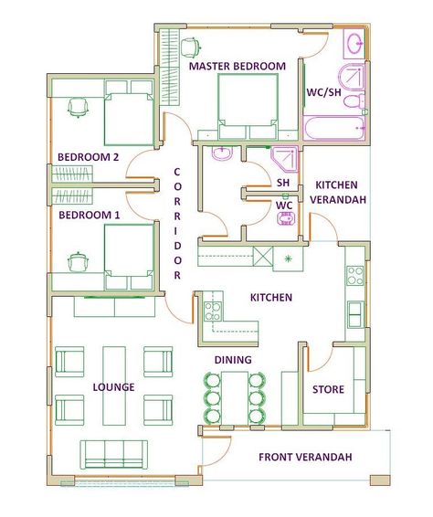 Hidden Roof House Design, Roof House Design, Low Cost House Plans, Square House Plans, Three Bedroom House Plan, Bungalow Floor Plans, House Plans Mansion, Affordable House Plans, Roof House