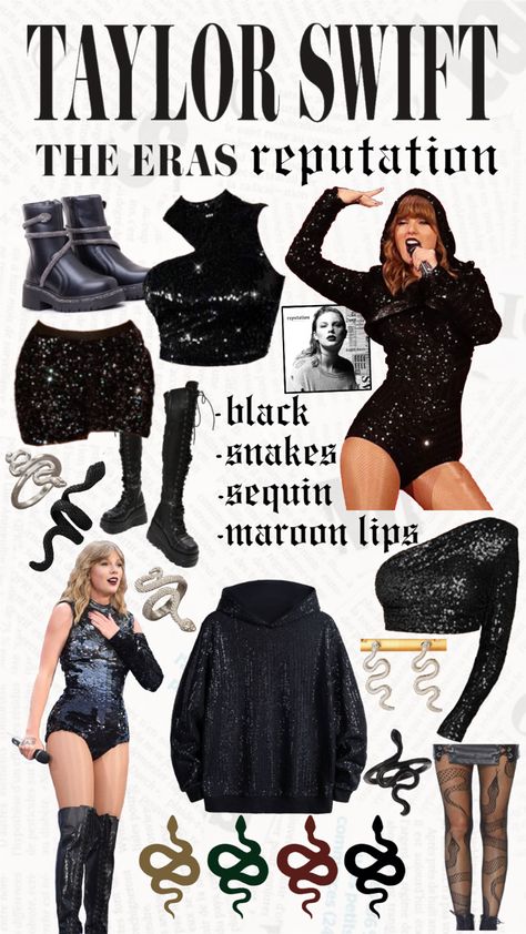 Taylor Swift Reputation Era Aesthetic The Eras Tour Snake Black Sequins Maroon Dark Lips Tights Boots Wavy Hair outfit look inspo Taylor Swift Reputation Era Hairstyle, Reputation Era Outfits Plus Size, Taylor Swift Reputation Era Casual Outfits, Green Reputation Outfit, Reputation Dress Ideas, Winter Eras Tour Outfit Ideas, Reputation Album Outfits, Reputation Halloween Costume, Reputation Makeup Look Taylor Swift