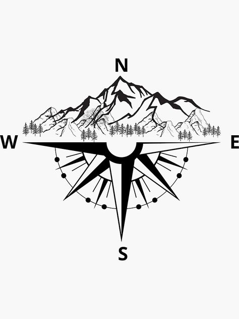 "MOUNTAIN TREE COMPASS" Sticker by eakkung | Redbubble Mountain Cricut Design, Mountain And Compass Tattoo, Compass With Mountains Tattoo, Men Compass Tattoo Ideas, Aviation Tattoos For Men, Mountain Compass Tattoo, Compass Mountain Tattoo, Compass Drawing Design, Compass Mountain