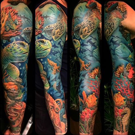 Underwater Tattoos, Tommy Tattoo, Men Underwater, Sea Tattoo Sleeve, Mermaid Sleeve Tattoos, Theme Tattoos, Ocean Sleeve Tattoos, Underwater Tattoo, Ocean Sleeve