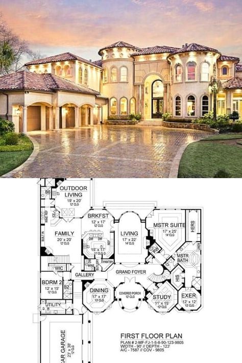 Marvelously luxurious Mediterranean Mansion exterior of this 5 bedroom, 6 and half bathroom, 2 story Spanish house plan and 7587 sq. ft. luxury mansion floor plan. Tap to reveal the rest of the Spanish interior design and more house plans of Spanish style homes.(https://www.thehousedesigners.com/plan/cordillera-9767/) #SpanishHousePlan #SpanishStyleHomes Sims 3 Mansion Floor Plans, Spanish Villa Blueprint, Spanish Style Mansion Exterior, 5 Bedroom Mansion Floor Plans, 6 Bedroom Mansion Floor Plan, Luxury Floor Plans Dream Homes, Spanish Villa Bloxburg House, Spanish Luxury Homes, House Plans Mansion Luxury