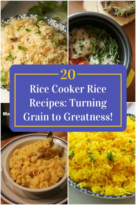 Collage of 4 rice cooker rice recipes. Recipes For Aroma Rice Cooker, Rice Cooker Pilaf, How To Season Rice In Rice Cooker, Rice Cooker Seasoned Rice, Saffron Rice In Rice Cooker, Flavored Rice In Rice Cooker, Rice Cooker Recipes Dinners, One Pot Rice Cooker Meals, Rice Cooker Recipes Easy