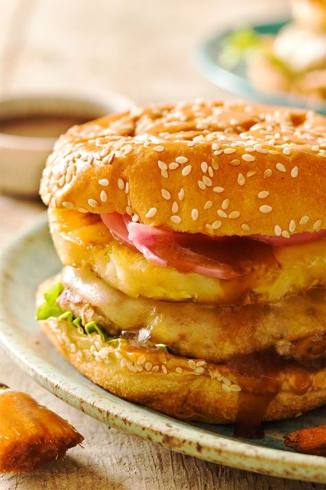 Teriyaki Turkey Burgers with pineapple, teriyaki sauce, and pickled red onion Teriyaki Turkey Burgers With Pineapple, Teriyaki Turkey Burger, 6 Inch Cheesecake Recipe, Burgers Homemade, Grilled Cheese Rolls, Teriyaki Turkey, Pineapple Teriyaki, Sweet Chili Shrimp, Canning Cherry Pie Filling