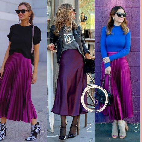 #windowshopping Purple Skirt Outfits - Which one is your favourite: 1, 2 or 3? 💜💜💜 #stylemama #stylecoaching #styleideasdaily #styleinspo #styleinspiration #styleinspire #style #falloutfit #casualoutfitideas #workoutfit #workoutfitideas #workoutfitideasforwomen #stylecoach #stylecoaching #styleschool #styletraining #onlinetraining #colourtraining #imagecoach #letsglow #stylemanagement #styleideas Purple Skirt Styling, Purple Silk Skirt Outfit, Purple Satin Skirt Outfit, Purple Pleated Skirt Outfit, Purple Skirt Outfits, Navy Pleated Skirt Outfit, Navy Skirt Outfit, Pleated Skirt Outfit Ideas, Purple Skirt Outfit