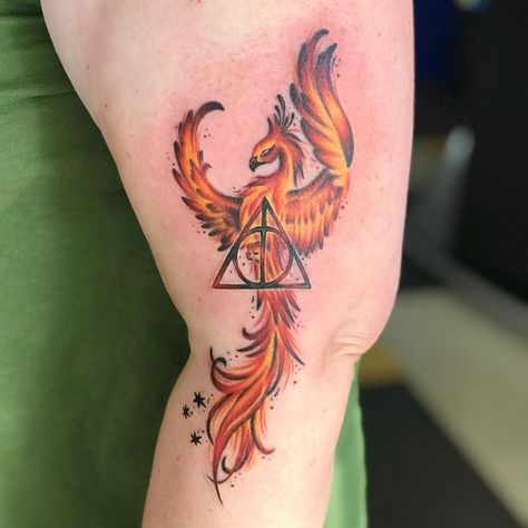 Casey RoxSox Fleeman on Instagram: “Harry Potter Deathly Hallows tattoo #harrypottertattoo #harrypotterfanart #deathlyhallowstattoo #phoenixtattoo #fawkestattoo…” Pheonix Tattoo From Harry Potter, Phoenix From Harry Potter Tattoo, Harry Potter Phinox Tattoo, Faux Harry Potter Tattoo, Elegant Harry Potter Tattoos, Harry Potter Wand Tattoo Arm, Harry Potter Phoniex Tattoo, Harry Potter Tattoos Phoenix Art, Harry Potter Tattoo For Men