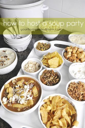 Everything you need to know on How to Host a Soup Party. It’s quick and easy and your guests will love it. Hosting a soup party has been a tradition of ours for years. We usually do it on New Year’s Eve but it can be done any time of year. It’s also a great… Soup Table Setting, Soup Party Ideas, Soup Swap, Soup Party, Party Entrees, Holiday Soups, Soup Bar, Christmas Soup, Progressive Dinner