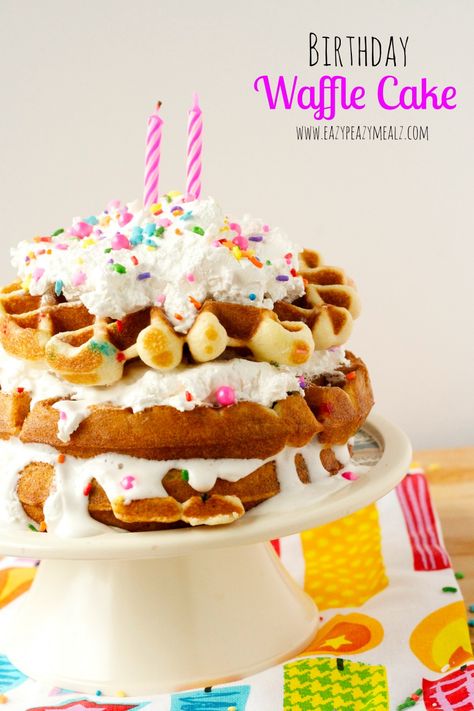 birthday waffle cake stand Waffle Cakes, Birthday Cake Alternatives, Cake Alternatives, Breakfast Birthday, Waffle Iron Recipes, Waffle Cake, Birthday Breakfast, Waffle Mix, Creative Birthday Cakes