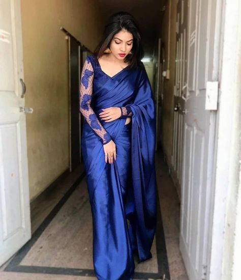 Blue Satin Saree, Simple Sarees, Satin Saree, Saree Models, Girly Dresses, Indian Saree, Traditional Sarees, Blue Satin, Saree Blouse Designs