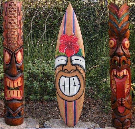 3 Piece Set Tribal Tiki Mask Package Deal Hibiscus, Sun Wood Patio Tropical Bar 40" Home Decore Outdoor surfboard Tropical Bar, Tiki Faces, Tiki Statues, Wood Surfboard, Tiki Decor, Tiki Totem, Tiki Bar Decor, Tiki Art, Tiki Mask