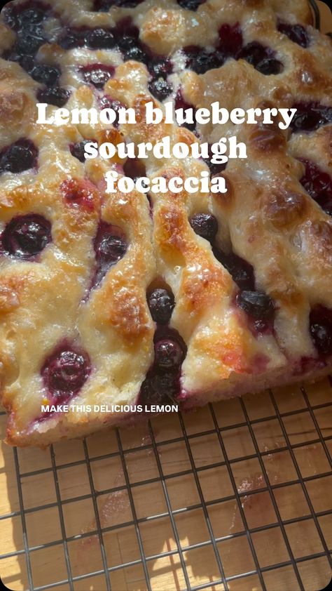 Hayley Lentino | Sourdough Tutorials | Lemon blueberry sourdough focaccia recipe! 10/10 recommend, this is so yummy! Recipe: Dough: The night before baking mix together 100… | Instagram 4th Of July Desserts Sourdough, Farmhouse On Boone Sourdough Starter, Lemon Blueberry Focaccia, Sourdough 4th Of July, Lemon Blueberry Sourdough Focaccia, Blueberry Foccacia Bread, Sourdough Discard Focaccia Recipe, Healthy Sourdough Desserts, Sourdough Discard Lemon Loaf