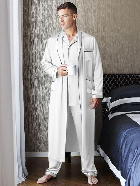 19 Momme Mens Luxury Silk Pajamas Robe Set with Trimming Mens Silk Robe, Mens Night Suit, Robes Men, Men Pyjamas, Robe Pajamas, Pajamas Robe, Mens Silk Pajamas, Night Wears, Chu Wanning