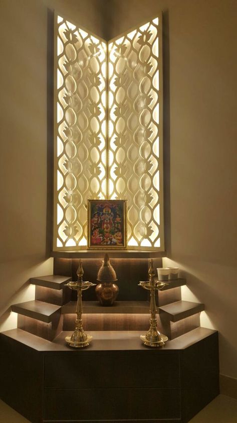 Pooja Room Designs by The KariGhars #poojaroom #pooja #temple #templedesign Small Pooja Room In Living Room, Pooja Room Designs, Puja Unit, Temple Room, Mandir Design, Temple Design For Home, Pooja Mandir, Pooja Room Door Design, Pooja Room Design