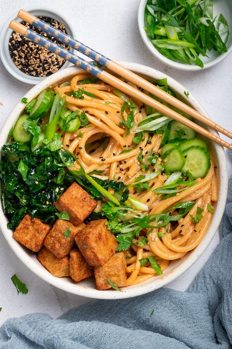 Creamy, flavorful, and delicious, this Saucy Tahini Pasta with Crispy Tofu is a bowl full of delicious that’s ready in 20 minutes or less. Load it up with your favorite veggies and customize the sauce to your liking for your new favorite go-to lunch or dinner. Tahini Noodles, Tahini Pasta, Tofu Pasta, Vegan Steak, Crispy Tofu, Tofu Recipes, Vegan Dinners, Tahini, A Bowl