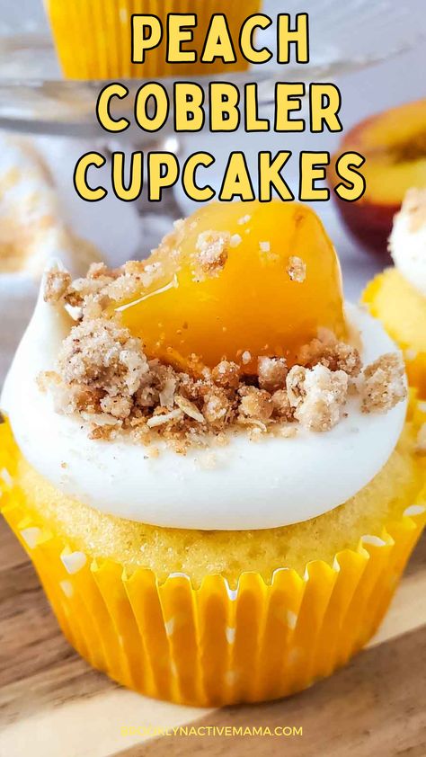 Ultimate Cupcake Recipe, Cobbler Cupcakes, Can Peach Cobbler, Peach Cobbler Cupcakes, Peach Filling, Peach Cupcakes, Cake Mix Cupcakes, Peach Pie Filling, Derby Ideas