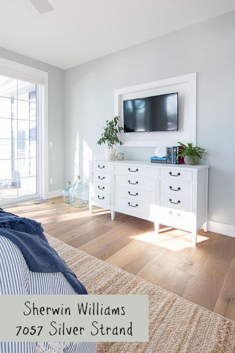 silver strand by sherwin williams blue/gray master bedroom paint colors #cottagebedroom Bohemian Bedroom Furniture, White Upholstered Bed, Lilypad Cottage, Bedroom Paint Colors Master, House Lake, Bedroom Blue, Blue Cottage, White Bedroom Furniture, Grey Paint Colors