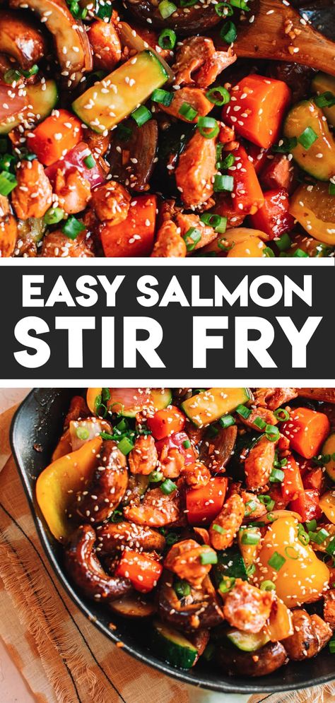 Salmon Stir Fry Healthy, Salmon And Stir Fry Veggies, Salmon Stir Fry Rice, Stir Fry Recipes Salmon, Salmon Scraps Recipe, Stir Fry Salmon Recipe, Stir Fry Salmon, Salmon With Rice And Veggies, Fish Stir Fry Recipes