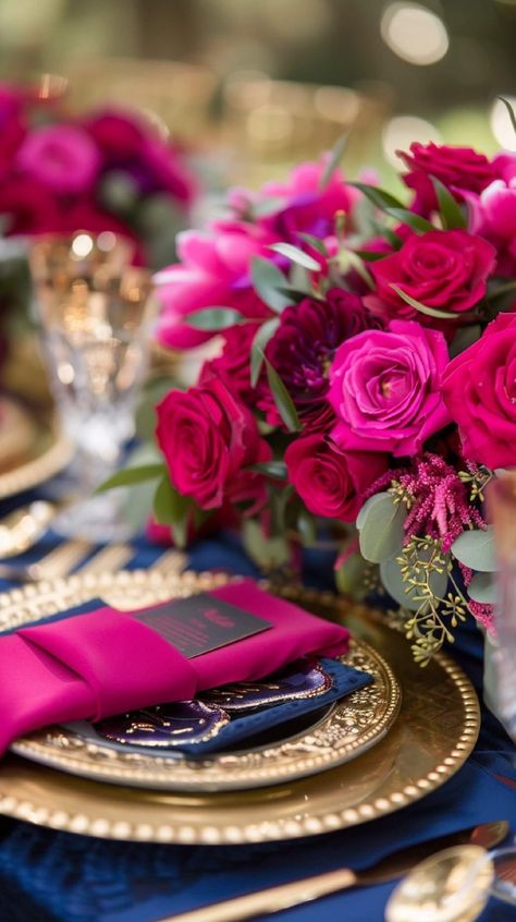 Magenta Wedding Decorations, Blue Wedding Theme Ideas, Pink Quinceanera Decorations, Magenta Wedding Theme, Pink Table Decorations, Blue Wedding Theme, Navy Gold Wedding, Blue Table Settings, Navy Blue And Gold Wedding