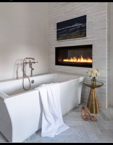 Bathtub With Fireplace, Violet Syrup, Soak Tub, Fireplace And Tv, Stand Alone Bathtubs, Contemporary Western, Stand Alone Tub, Bathroom Fireplace, Bathtub Decor