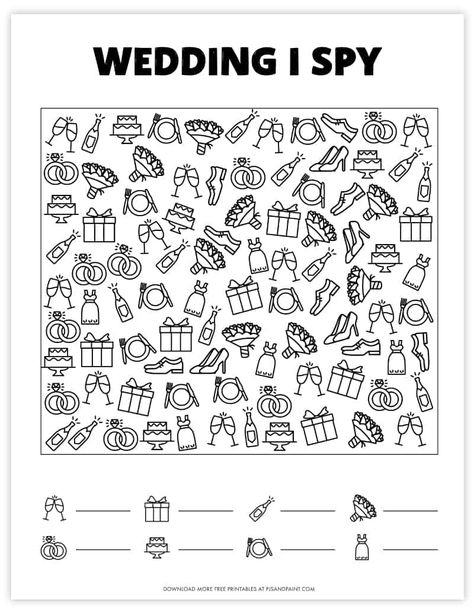 Free Printable Wedding I Spy Game for Kids Wedding Kids Table Activities Free Printable, Wedding Scavenger Hunt For Kids, Wedding Activity Ideas For Kids, Bridal Coloring Pages, Wedding Games Printable, Bride And Groom Coloring Pages, Wedding Colouring Pages For Kids, Coloring Pages Wedding, Kids At Wedding Ideas