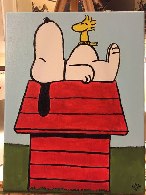 Easy Things To Paint On Canvases Disney, Simple Painting Ideas Cartoon, Easy Paintings Cartoons, Snoopy And Woodstock Painting, Charlie Brown Canvas Painting, Cute Paintings Cartoon, Snoopy Paintings On Canvas Easy, Easy Snoopy Paintings, Snoopy Art Painting