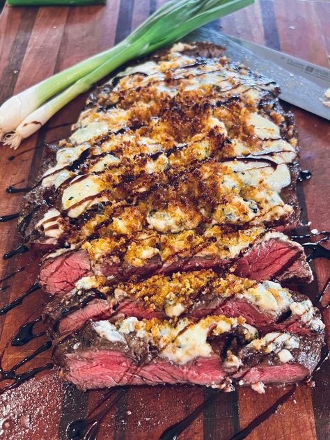 Bleu Cheese Steak Topping, Blue Cheese Steak Topping, Blue Cheese Butter For Steak, Blue Cheese Crusted Steak, Unique Steak Recipes, Flank Steak Dinner Ideas, Bleu Cheese Recipes, Balsamic Vinegar Marinade, Blue Cheese Steak