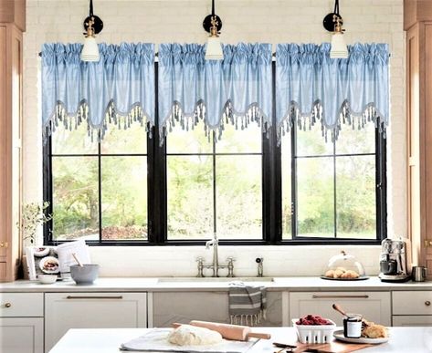 Buy Wave Slate color waterfall valance with tassels faux silk rod pocket semisheer ascot dressing window 55" wide X 18" long for kitchen décor at Walmart.com Living Room Window Decor, Half Window Curtains, White Kitchen Curtains, Kitchen Window Coverings, Small Bathroom Window, Kitchen Window Valances, Waterfall Valance, Bathroom Window Treatments, Mcm House