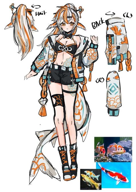 Koi Character Design, Koi Fish Clothes, Koi Fish Character Design, Nekomata Oc, Koi Fish Character, Vtuber Concept Art, Asian Oc Art, Holding Bat Reference, Koi Fish Oc