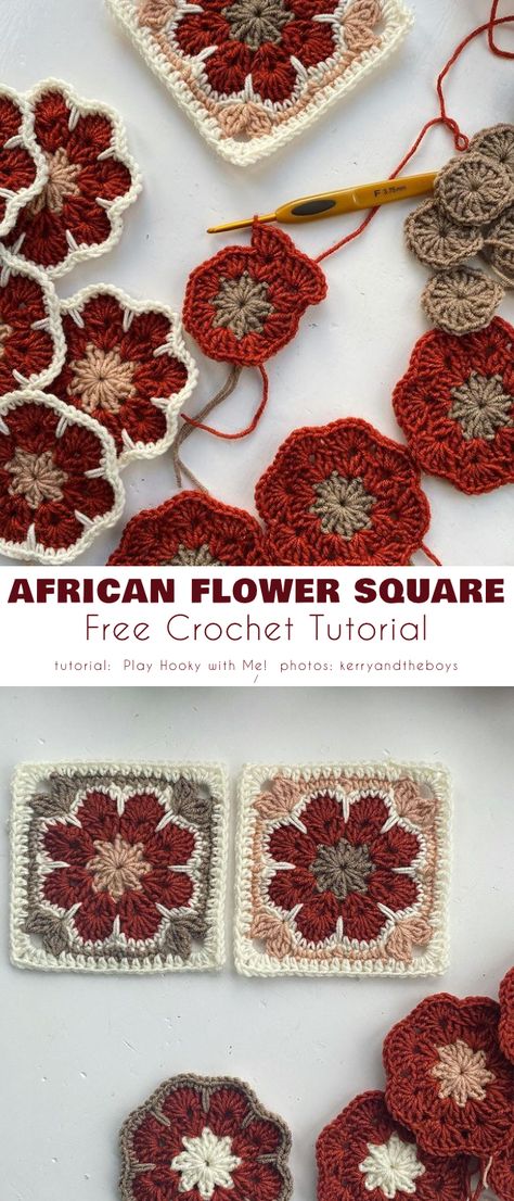 African Flower Square Fall Ideas Flower Grammy Square, Grabby Square Sweater, Hexagon Flower Crochet Pattern, Crochet Textile Art, Pretty Crochet Granny Squares, Crochet Patterns Squares Blanket, Cottage Style Crochet, Crochet Project Free Pattern, Types Of Granny Squares Free Pattern