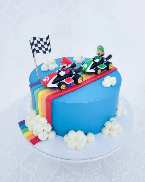 Mario Kart Rainbow Road Birthday Cake, Mario Kart Racing Birthday Party, Mario Cake Design, Rainbow Road Birthday Cake, Supermario Cakes For Boys, Easy Super Mario Cake Ideas, Super Mario Theme Cake, Mario Brothers Birthday Party Ideas Cake, Small Mario Cake