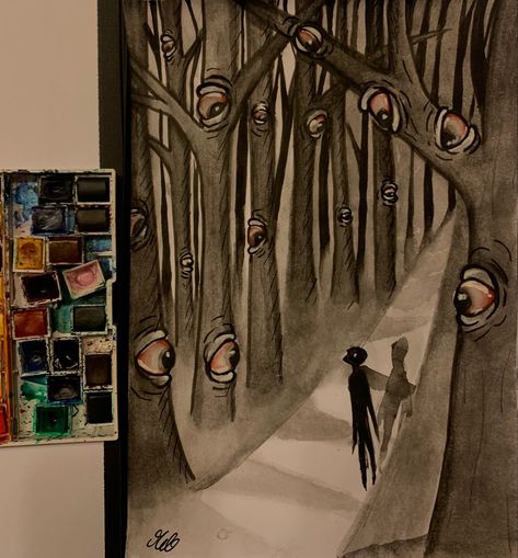 Surreal Eye Painting, Tree With Eyes Drawing, Forest Surrealism, Trees With Eyes, Surreal Forest, Creepy Woods, Surreal Nature, Forest Sketch, Creepy Paintings