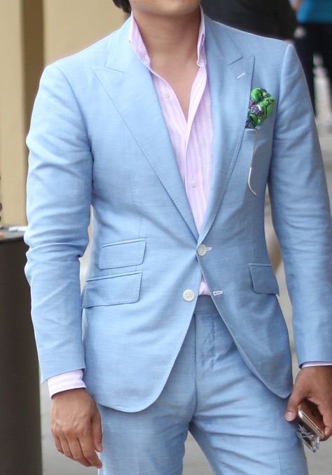 Christian Nguyen in a slim fit turquoise suit, pink dress shirt and a funky green hankerchief Light Blue Suit With Pink Shirt Men, Turquoise Blue Suit Men, Farewell Suits, Elegant Suits Men, 3 Piece Suits For Men, Turquoise Suit, Men Suit Wedding, Sky Blue Suit, Blue Slim Fit Suit