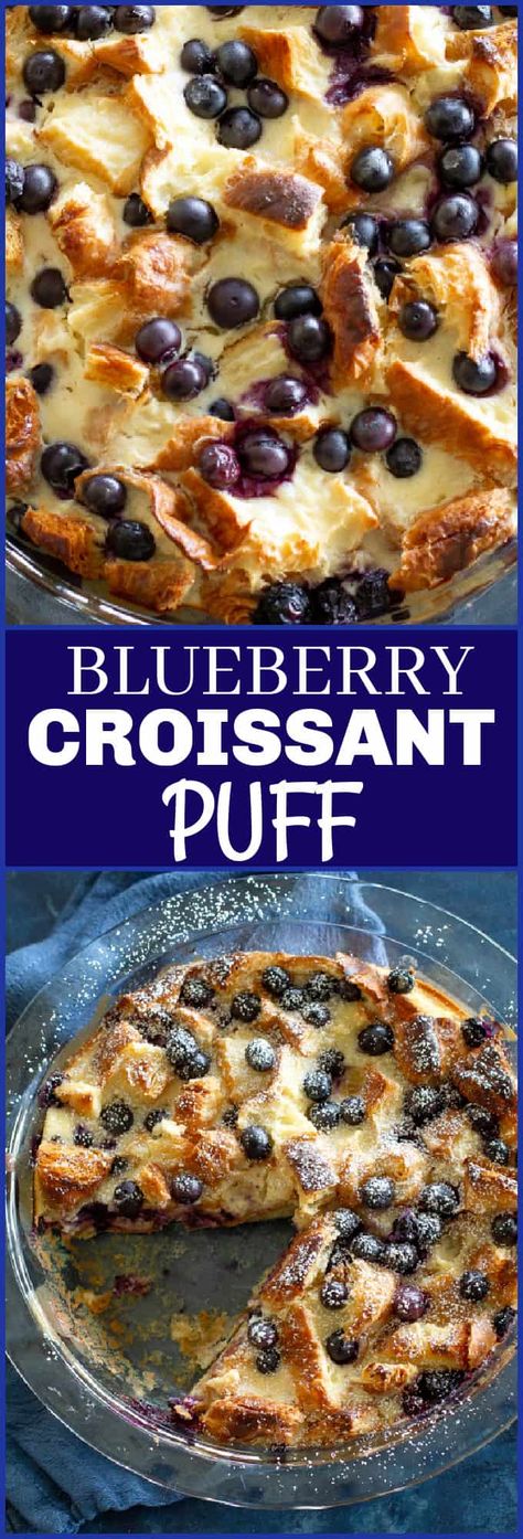 This Blueberry Croissant Puff is a delicious overnight blueberry breakfast dish that everyone will love. This is one of the most popular recipes on this blog. It is made from buttery croissants, fruit, and a cream cheese milk mixture that is baked until golden brown. #breakfast #recipe #blueberry #croissant #puff Blueberry Croissant Puff, Blueberry Croissant, Baked Breakfast, The Girl Who Ate Everything, Overnight Breakfast, Brunch Recipe, Blueberry Recipes, Christmas Breakfast, Breakfast Brunch Recipes