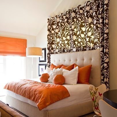 Curtains, Pillows, Bedroom, Orange, Bed, White