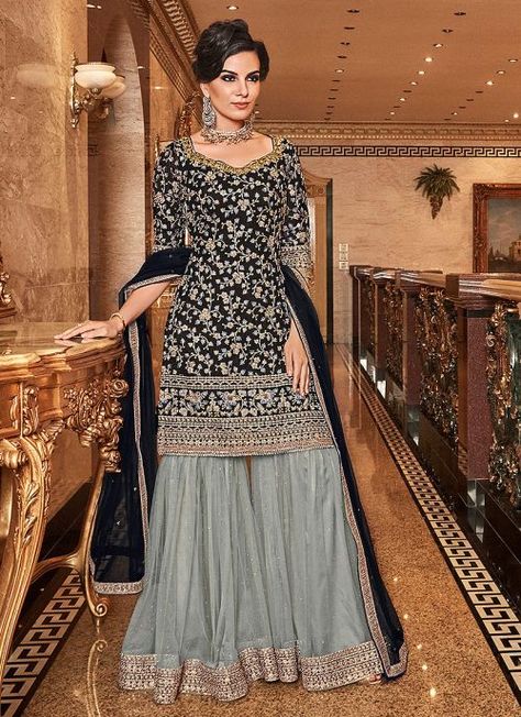 Black and Grey Embroidered Gharara Suit Pakistani Sharara, Orang India, Gharara Suits, Sharara Designs, Gaun Fashion, Sharara Suit, Salwar Kamiz, Desi Clothes, Indian Suits