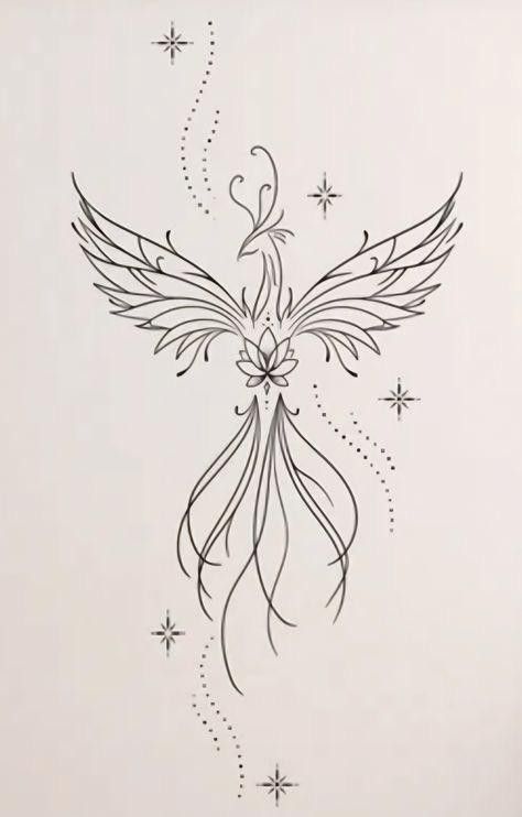 Small Fenix Tattoo, Phoenix Drawing Simple, Phoenix Tattoo Minimalist, Phoenix Chest Tattoo, Simple Feather Tattoo, Dragon Fire Tattoo, Fenix Tattoo, Boho Tattoo, Phoenix Drawing