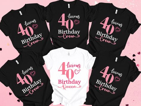 Introducing our 40th Birthday crew shirts, the ultimate way to celebrate this milestone together! These cute 40th party tees are designed to unite your group in a fun and memorable fashion statement.  Crafted from high-quality fabric, these matching 40th shirts offer a comfortable fit for everyone in your group. The sleek design showcases a bold "40th" message, proudly displaying your shared celebration. With various sizes available, each member can find their perfect fit, ensuring a cohesive an 40th Tshirt Ideas, 40th Birthday Group Shirts, 40th Birthday Tshirts Woman, 40 Birthday Outfit For Women, 40th Birthday Shirts For Group, 40 Birthday Shirts, 40th Birthday Tshirts, 40th Birthday Themes For Women, 40th Birthday Shirts Women