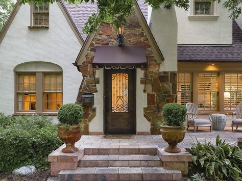 Updated Tudor, Tudor Exterior, Tudor House Exterior, Highland Park Village, Tudor Cottage, Irish Houses, Front Facade, Exterior Stairs, Porte Cochere