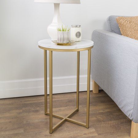 Modern 16 inch Round with X-Base Side Table - White Marble/Gold White Round Side Table, Gold End Table, White Marble Side Table, Tall Side Table, Marble Tables Design, Round End Tables, Gold Side Table, Marble Desk, Marble End Tables