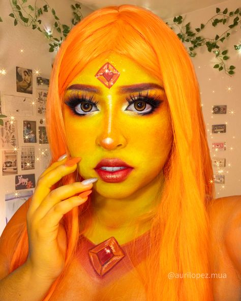 Flame Princess Makeup, Fire Princess Costume, Star Fire Makeup, Flame Princess Costume, Flame Princess Cosplay, Fire Makeup, Fire Princess, Halloween Nails Diy, Princess Makeup