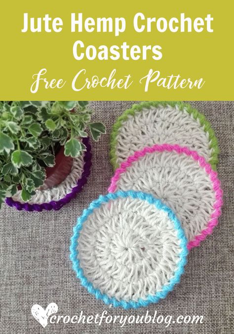 If you first time crocheting with jute hemp, you probably feel a little bit different because the jute hemp cord is rougher than yarn. It may take some time to finish one coaster even it is a very simple flat circle to crochet with 3 rounds. But the final result is amazingly beautiful and useful too. Hemp Crochet, Jute Coasters, Crocheted Coasters, Coasters Crochet, Reverse Single Crochet, Crochet Coasters Free Pattern, Crochet Pig, Crochet Coaster Pattern, Hemp Cord