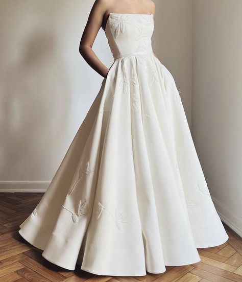 Strapless Ivory Wedding Dress, Dior Inspired Wedding Dress, Strapless Ball Gown Wedding Dress Lace, Simple Satin Wedding Dress A Line, Wedding Dress Structured Bodice, Olivia Stallings Wedding Dress, Classic Wedding Dress Timeless Classy Lace, Wedding Dress Classy Elegant, Embroidered Satin Wedding Dress