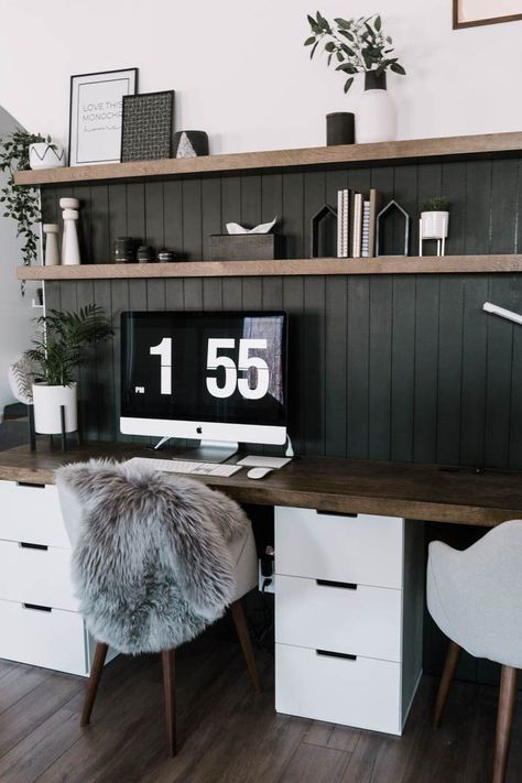 Wow! Stunning office space! Love the before and after of this nook. They took a blank wall and turned it into a beautiful modern computer desk with floating shelves and a black, vertical shiplap background. love the monochrome design and the modern grey desk chairs. Beautiful transformation! #nordic #scandinavian #moderndesign #blackandwhite #office #desk #computer #diyshiplap Office Dual Desk, Black Wall In Office, Grey Desk Office Decor, Behind Desk Wall Decor, Grey And Black Office, Wall To Wall Desk, Desk With Floating Shelves, Home Office With Window, Black Wall Office