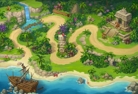 Jungle map for casual game. on Behance Jungle Map, World Map Game, Game Design Illustration, Game Level Design, Isometric Map, Map Games, Game 2d, Unity Games, World Map Art