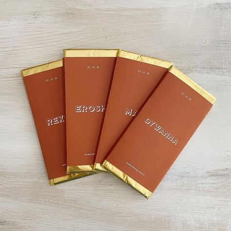 TAWO STUDIO | Wedding & Event Design & Stationery on Instagram: "Customised chocolate bar wraps ✨ you can choose whatever colour wrap you like with endless design options 🧡 this one is a vegan block of chocolate, the peep of gold foil just gives it that extra luxe look!" Wrapping Design, Chocolate Bar Wrapping, Chocolate Wrapping, Custom Chocolate, Wedding Event Design, Homemade Chocolate, Just Giving, Wedding Event, Chocolate Bar